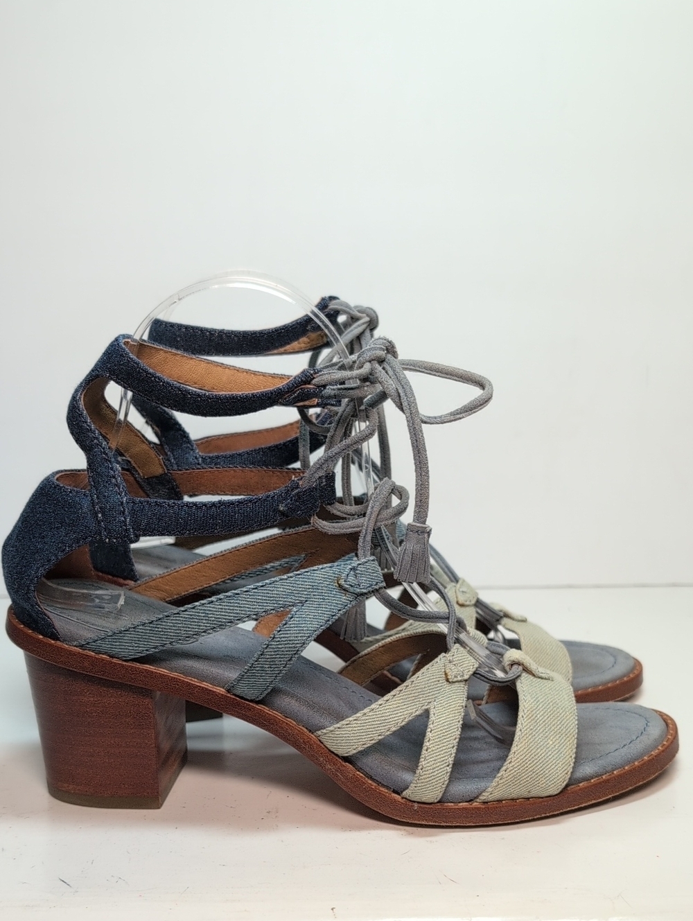 Frye Brielle gladiator dressy strappy lace-up blue denim heel sandals women sz 8